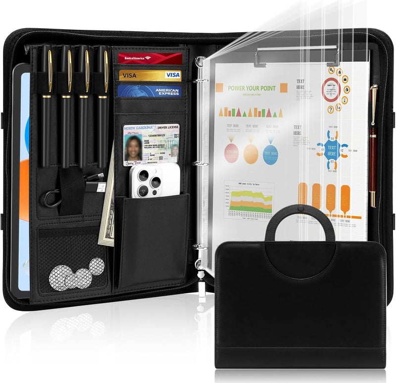 IYGHV IVGHV Portfolio Binder Organizer Portfolio Folder for Men Faux Leather Padfolio for Women - 3 Ring Binder with Handle & Clipboard, A4 Size Business Padfolio Folder for Resume Conference (Black) - Image 1